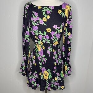 Urban Outfitters Leandra Smocked Black Floral Long Sleeve Mini Dress